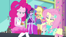 Size: 1280x720 | Tagged: safe, screencap, angel bunny, applejack, fluttershy, pinkie pie, sci-twi, twilight sparkle, rabbit, equestria girls, g4, my little pony equestria girls: better together, tip toppings, tip toppings: fluttershy, animal, applejack's hat, boots, bowtie, clothes, cowboy boots, cowboy hat, crossed arms, cutie mark, cutie mark on clothes, denim skirt, geode of fauna, geode of sugar bombs, geode of super strength, geode of telekinesis, glasses, hairpin, hat, magical geodes, ponytail, rah rah skirt, sad, shoes, sitting, skirt, smiling, tank top, yogurt