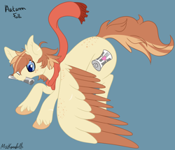 Size: 7404x6365 | Tagged: safe, artist:misskanabelle, oc, oc only, oc:autumn fall, pegasus, pony, blue background, clothes, flying, mouth hold, newspaper, pegasus oc, scarf, signature, simple background, solo, two toned wings, unshorn fetlocks, wings