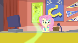 Size: 1280x720 | Tagged: safe, screencap, fluttershy, equestria girls, g4, my little pony equestria girls: better together, sock it to me, sock it to me: bulk biceps, computer, cute, female, hairpin, microphone, shyabetes, smiling, solo