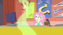 Size: 1280x720 | Tagged: safe, screencap, fluttershy, bird, equestria girls, g4, my little pony equestria girls: better together, sock it to me, sock it to me: bulk biceps, computer, female, geode of fauna, hairpin, magical geodes, microphone, solo