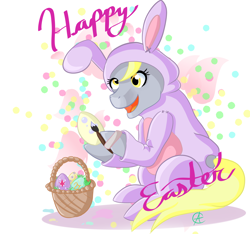 Size: 5120x4800 | Tagged: safe, artist:cynfularts, derpy hooves, pegasus, pony, g4, animal costume, bunny costume, clothes, costume, easter, easter egg, egg, holiday, kigurumi, solo