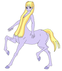 Size: 754x866 | Tagged: safe, alternate version, artist:cdproductions66, artist:nypd, cloudy kicks, centaur, monster girl, equestria girls, g4, alternate hairstyle, background human, base used, blank flank, blonde, blonde hair, centaurified, cleavage, female, godiva hair, hooves, human head, nudity, raised hooves, simple background, solo, strategically covered, transparent background, two toned hair, two toned tail, violet eyes, yellow hair