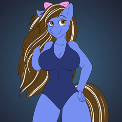Size: 1280x1280 | Tagged: safe, artist:axelferdinan, artist:beholdervee, oc, oc only, oc:sundae shake, earth pony, anthro, big breasts, bow, breasts, busty oc, cleavage, clothes, commission, female, hair bow, hand on hip, looking at you, one-piece swimsuit, simple background, solo, swimsuit, thighs, wide hips, ych result