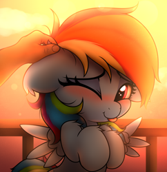 Size: 2900x3000 | Tagged: safe, artist:heavymetalbronyyeah, rainbow dash, human, pegasus, pony, g4, blushing, cute, dashabetes, ear scratch, female, floppy ears, fluffy, hand, high res, looking at you, mare, offscreen character, offscreen human, one eye closed, spread wings, tongue out, weapons-grade cute, wings