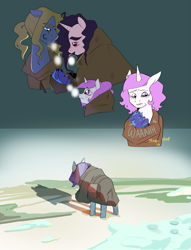 Size: 2179x2859 | Tagged: safe, artist:aztrial, princess celestia, princess luna, oc, oc:bud mooncake, oc:dayspring, alicorn, earth pony, pony, unicorn, g4, baby luna, backstory, celestia and luna's father, celestia and luna's mother, crying, female, filly, high res, pink-mane celestia, story included, woona, young celestia, young luna, younger