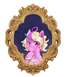 Size: 2108x2405 | Tagged: safe, artist:aztrial, oc, oc only, oc:bitterroot rose, alicorn, pony, bust, high res, offspring, parent:princess cadance, parent:shining armor, parents:shiningcadance, picture frame, portrait, simple background, smug, solo, transparent background