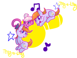 Size: 700x525 | Tagged: safe, artist:c0tt0ntales, jing-a-ling, ting-a-ling, earth pony, monkey, pony, g1, my little pony tales, bell, bow, crossover, female, filly, hair bow, littlest pet shop, minka mark, music notes, stars, twins
