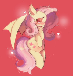 Size: 2812x2937 | Tagged: safe, artist:arisuwu, fluttershy, bat pony, pony, g4, bat ponified, female, flutterbat, high res, mare, race swap, red background, simple background, solo
