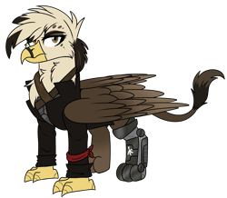Size: 1543x1348 | Tagged: safe, artist:rokosmith26, oc, oc only, griffon, amputee, annoyed, chest fluff, clothes, eyeshadow, female, fluffy, griffon oc, looking at you, makeup, paws, prosthetic limb, prosthetics, simple background, solo, talon company, talons, transparent background, wings