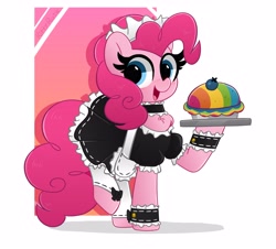 Size: 4096x3703 | Tagged: safe, artist:kittyrosie, pinkie pie, earth pony, pony, g4, chest fluff, clothes, cute, diapinkes, female, food, maid, mare, open mouth, open smile, pie, pinkie maid, redraw, smiling, solo
