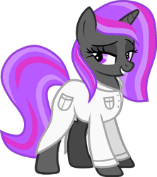 Size: 780x878 | Tagged: safe, artist:pegasski, oc, oc only, oc:dala, pony, unicorn, g4, base used, bedroom eyes, clothes, eyelashes, female, grin, horn, lab coat, mare, simple background, smiling, solo, transparent background, unicorn oc