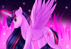 Size: 2996x2089 | Tagged: safe, artist:monsoonvisionz, twilight sparkle, alicorn, pony, g4, female, glowing horn, high res, horn, magic, mare, solo, spread wings, sternocleidomastoid, twilight sparkle (alicorn), wings