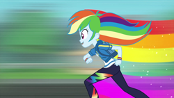 Size: 1280x720 | Tagged: safe, screencap, rainbow dash, equestria girls, g4, my little pony equestria girls: better together, run to break free, backpack, clothes, cute, cutie mark, cutie mark on clothes, dashabetes, geode of super speed, hoodie, magical geodes, open mouth, rainbow trail, running, singing, smiling