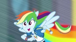 Size: 1280x720 | Tagged: safe, screencap, rainbow dash, equestria girls, g4, my little pony equestria girls: better together, run to break free, clothes, cute, cutie mark, cutie mark on clothes, dashabetes, female, geode of super speed, hoodie, magical geodes, open mouth, ponied up, rainbow trail, running, singing, solo