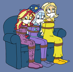 Size: 1585x1552 | Tagged: safe, artist:bugssonicx, sunflower spectacle, sunset shimmer, trixie, human, equestria girls, g4, arm behind back, bondage, bound and gagged, cloth gag, clothes, couch, equestria girls-ified, female, femsub, footed sleeper, footie pajamas, gag, hat, help us, mother and child, mother and daughter, nightcap, nightgown, onesie, over the nose gag, pajamas, rope, rope bondage, sitting, sleepover, slumber party, submissive, subset, the weak and powerless trixie, tied up, trixie's nightcap, trixsub