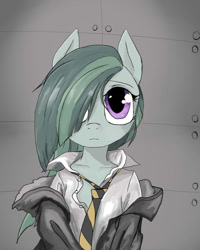Size: 640x800 | Tagged: safe, artist:a.s.e, marble pie, earth pony, semi-anthro, g4, clothes, cute, deshabille, dishevelled, female, hair over one eye, looking at you, marblebetes, mare, necktie, school uniform, shirt, solo
