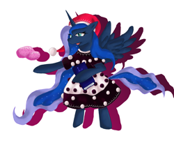 Size: 1152x960 | Tagged: safe, artist:izumi-ru, princess luna, alicorn, pony, g4, book, clothes, cosplay, costume, crossover, doremy sweet, dress, female, hat, mare, solo, touhou