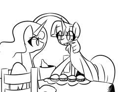Size: 1600x1200 | Tagged: safe, artist:provolonepone, princess celestia, twilight sparkle, alicorn, pony, unicorn, g4, burger, eye clipping through hair, food, hay burger, lineart, male, monochrome, open mouth, open smile, sketch, smiling, steamed hams, sweat, sweatdrop, the simpsons, unicorn twilight