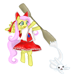 Size: 960x960 | Tagged: safe, artist:izumi-ru, angel bunny, fluttershy, pegasus, pony, rabbit, g4, animal, clothes, cosplay, costume, crossover, dress, duo, female, hakurei reimu, male, mare, simple background, skirt, touhou, transparent background