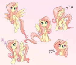 Size: 4096x3512 | Tagged: safe, artist:nin10ja, fluttershy, pegasus, pony, cheek bulge, chest fluff, cute, eye clipping through hair, eyes closed, female, flying, frown, looking at you, mare, music notes, open mouth, shyabetes, simple background, singing, sitting, smiling, spread wings, wings