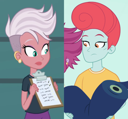 Size: 1086x1012 | Tagged: safe, edit, edited screencap, screencap, candyberry, pearl pompadour, pilot pearl, equestria girls, equestria girls specials, g4, my little pony equestria girls: better together, my little pony equestria girls: rollercoaster of friendship, background human, clipboard, crack shipping, cropped, ear piercing, earring, fabric, female, jewelry, male, pearlcandy, piercing, shipping, shipping domino, straight