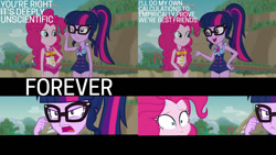 Size: 1280x720 | Tagged: safe, edit, edited screencap, editor:quoterific, screencap, pinkie pie, sci-twi, twilight sparkle, equestria girls, friendship math, g4, my little pony equestria girls: better together, beach, clothes, duo, duo female, female, forever, geode of sugar bombs, geode of telekinesis, glasses, hand on hip, irony, jewelry, magical geodes, necklace, open mouth, ponytail, sweat, swimsuit, text, the tables have turned