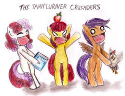Size: 500x382 | Tagged: artist needed, safe, apple bloom, scootaloo, sweetie belle, bird, chicken, earth pony, pegasus, pony, unicorn, g4, apple, crossover, cutie mark crusaders, dictionary, dictionary belle, female, filly, food, lunasa prismriver, lyrica prismriver, meme, merlin prismriver, ponified meme, scootachicken, tamifluriver sisters, touhou, trio