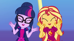 Size: 1280x720 | Tagged: safe, screencap, sci-twi, sunset shimmer, twilight sparkle, equestria girls, equestria girls series, g4, i'm on a yacht, spoiler:eqg series (season 2), ^^, clothes, cute, cutie mark, cutie mark on clothes, daaaaaaaaaaaw, dress, duo, duo female, eyes closed, female, glasses, hey, open mouth, ponytail, sci-twiabetes, shimmerbetes, singing, smiling, twiabetes
