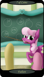 Size: 1500x2591 | Tagged: safe, artist:sixes&sevens, part of a set, cheerilee, earth pony, pony, g4, chalkboard, circle, female, math, minor arcana, mouth hold, offscreen character, pointer, ponyville schoolhouse, raised hoof, school, seven of coins, tarot card, teaching