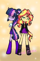 Size: 1080x1620 | Tagged: source needed, safe, artist:pink flame, sci-twi, sunset shimmer, twilight sparkle, equestria girls, g4, ponied up