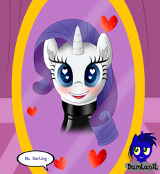 Size: 3840x4154 | Tagged: safe, alternate version, artist:damlanil, rarity, pony, unicorn, g4, blushing, carousel boutique, catsuit, clothes, comic, cute, darling, female, happy, heart, heart eyes, horn, latex, latex suit, looking at you, mare, mirror, open mouth, raribetes, rubber, shine, shiny, simple background, smiling, spy, suit, text, vector, wingding eyes