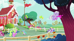 Size: 1280x720 | Tagged: safe, screencap, apple bloom, aura (g4), boysenberry, daisy, flower wishes, liza doolots, noi, peach fuzz, petunia, pinkie pie, piña colada, ruby pinch, scootaloo, sweet pop, sweetie belle, tootsie flute, tornado bolt, dog, earth pony, monkey, pegasus, pony, snake, unicorn, g4, season 5, the one where pinkie pie knows, balloon, balloon animal, butt, chatting, cutie mark crusaders, eyes closed, female, filly, flag, flying, heart, holding, mare, mouth hold, plot, ponyville schoolhouse, puppy, school, talking, tree, trio, walking