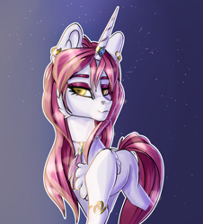 Size: 2518x2786 | Tagged: safe, artist:sugarypolecat, oc, oc only, oc:lavender silverhorn, pony, unicorn, ear piercing, earring, eyeshadow, golden eyes, high res, horn, horn ring, jewelry, makeup, necklace, piercing, pink mane, ring, solo, white body