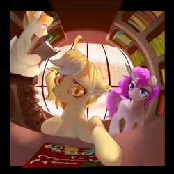 Size: 1080x1080 | Tagged: safe, artist:tingsan, oc, oc only, pegasus, pony, unicorn, book, bookshelf, fisheye lens, floppy ears, reading, trio