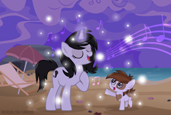 Size: 3840x2592 | Tagged: safe, artist:jennieoo, pipsqueak, oc, oc:celtic melody, earth pony, pony, unicorn, g4, beach, beach chair, chair, cloud, cloudy, enya, high res, music notes, show accurate, singing, stars, unicorn magic