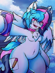 Size: 1536x2048 | Tagged: safe, artist:canvymamamoo, oc, oc only, oc:echy, pegasus, semi-anthro, arm hooves, belly button, breasts, butt freckles, cellphone, chest fluff, collar, ear fluff, fangs, female, freckles, holding, lidded eyes, mare, open mouth, phone, selfie, shoulder freckles, smartphone, smiling, solo, unshorn fetlocks