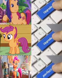 Size: 775x968 | Tagged: safe, scootaloo, scootaloo (g3), sunny starscout, earth pony, pony, g3, g4, g5, my little pony: a new generation, spoiler:g5, spoiler:my little pony: a new generation, meme, perfect, upgrade meme, wrong aspect ratio