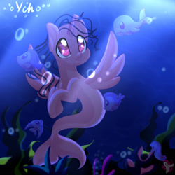 Size: 2024x2024 | Tagged: safe, artist:auroracursed, oc, oc only, alicorn, fish, pony, seapony (g4), bubble, crepuscular rays, deviantart watermark, eyelashes, fish tail, flowing mane, flowing tail, high res, horn, obtrusive watermark, ocean, purple eyes, seaponified, seaweed, smiling, solo, species swap, sunlight, tail, underwater, water, watermark, wings