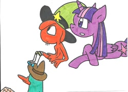 Size: 894x639 | Tagged: safe, artist:cmara, twilight sparkle, alicorn, platypus, pony, g4, crossover, hat, perry the platypus, phineas and ferb, simple background, traditional art, twilight sparkle (alicorn), wander (wander over yonder), wander over yonder, white background