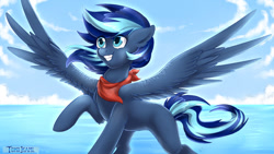 Size: 1280x720 | Tagged: safe, artist:tokokami, oc, oc only, pegasus, pony, blue eyes, clothes, cloud, commission, eyelashes, flowing mane, flowing tail, ocean, scarf, sky, smiling, solo, spread wings, sunlight, tail, teeth, water, wings