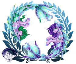 Size: 1280x1073 | Tagged: safe, artist:volvom, oc, oc only, mermaid, seapony (g4), bubble, dorsal fin, eyelashes, fins, fish tail, flowing mane, flowing tail, green eyes, logo, looking at you, purple eyes, seaweed, simple background, smiling, swimming, tail, white background, wings, zodiac