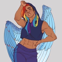 Size: 3000x3000 | Tagged: safe, artist:rdstartie, rainbow dash, human, g4, abs, alternate hairstyle, belly button, clothes, dark skin, ear piercing, earring, eyebrow piercing, gray background, grin, high res, hoodie, humanized, jewelry, lip piercing, midriff, nonbinary, pants, piercing, simple background, sleeveless, sleeveless hoodie, smiling, solo, sweatpants, winged humanization, wings