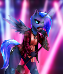 Size: 1080x1273 | Tagged: safe, artist:shamziwhite, princess luna, alicorn, anthro, clothes, female, horn, jeans, microphone, open mouth, pants, singing, solo, wings