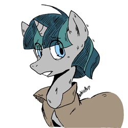 Size: 768x768 | Tagged: safe, artist:pachiopop, stygian, pony, unicorn, g4, cloak, clothes, eye clipping through hair, male, simple background, solo, stallion, white background