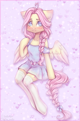 Size: 1653x2488 | Tagged: safe, artist:zefirka, fluttershy, pegasus, semi-anthro, alternate hairstyle, bow, braid, braided tail, clothes, cute, looking at you, shyabetes, socks, solo, tail bow