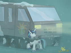 Size: 2732x2048 | Tagged: safe, artist:lordshrekzilla20, shining armor, fanfic:the one true king, g4, the crystal empire, fanfic art, high res, snow storm, story included, vehicle