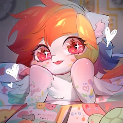 Size: 2000x2000 | Tagged: safe, artist:amo, rainbow dash, pegasus, pony, turtle, g4, :p, bed, blanket, blushing, chest fluff, cute, daaaaaaaaaaaw, dashabetes, ear fluff, female, heart, high res, lying down, mare, on bed, plushie, prone, solo, sparkly eyes, tongue out, wingding eyes