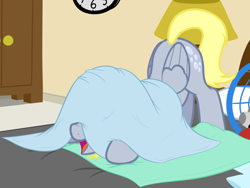 Size: 2000x1500 | Tagged: safe, artist:nitei, derpy hooves, pegasus, pony, g4, background pony, bed, blanket, clock, crouching, cute, dresser, face down ass up, female, hiding, lamp, laundry, laundry basket, mare, open mouth, pillow, show accurate, silly, silly pony, smiling, solo
