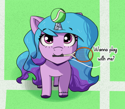 Size: 2232x1935 | Tagged: safe, artist:artiks, izzy moonbow, pony, unicorn, g5, ball, bronybait, female, horn, horn guard, hornball, izzy impaling things, izzy's tennis ball, looking at you, mare, mouth hold, solo, tennis ball, tennis racket