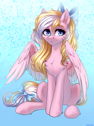 Size: 2580x3443 | Tagged: source needed, safe, artist:hakaina, oc, oc only, oc:bay breeze, pegasus, pony, abstract background, belly, bow, bowtie, chest fluff, cute, ear fluff, female, hair bow, high res, mare, ocbetes, sad, sitting, slender, solo, tail bow, thin